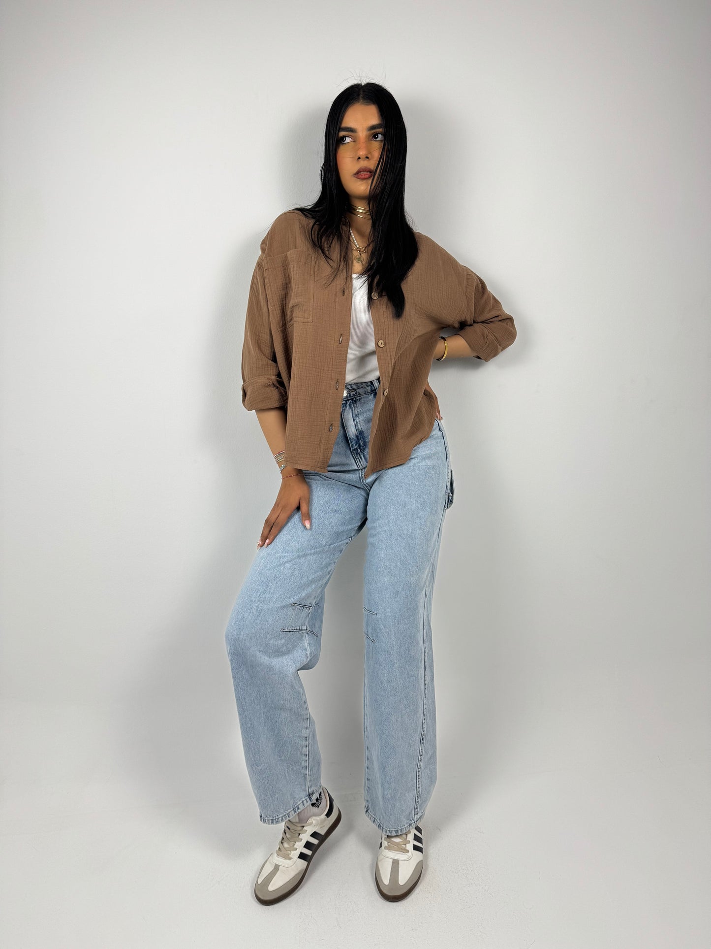 OVER SIZE COTTON SHIRT ( BROWN )