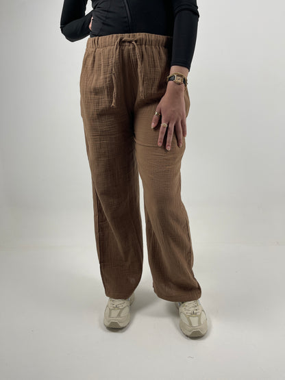 WIDE LEG LINEN PANTS ( BROWN )
