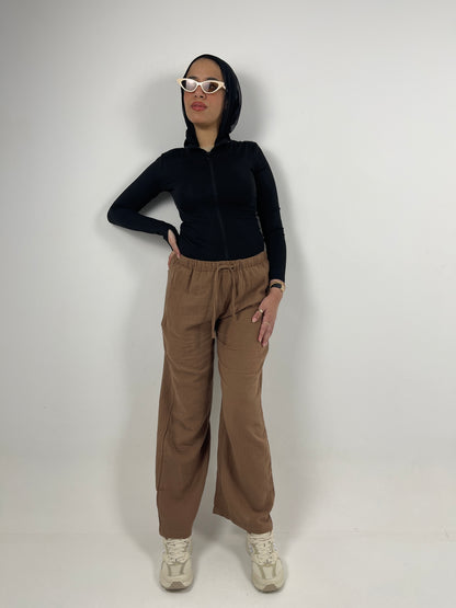 WIDE LEG LINEN PANTS ( BROWN )