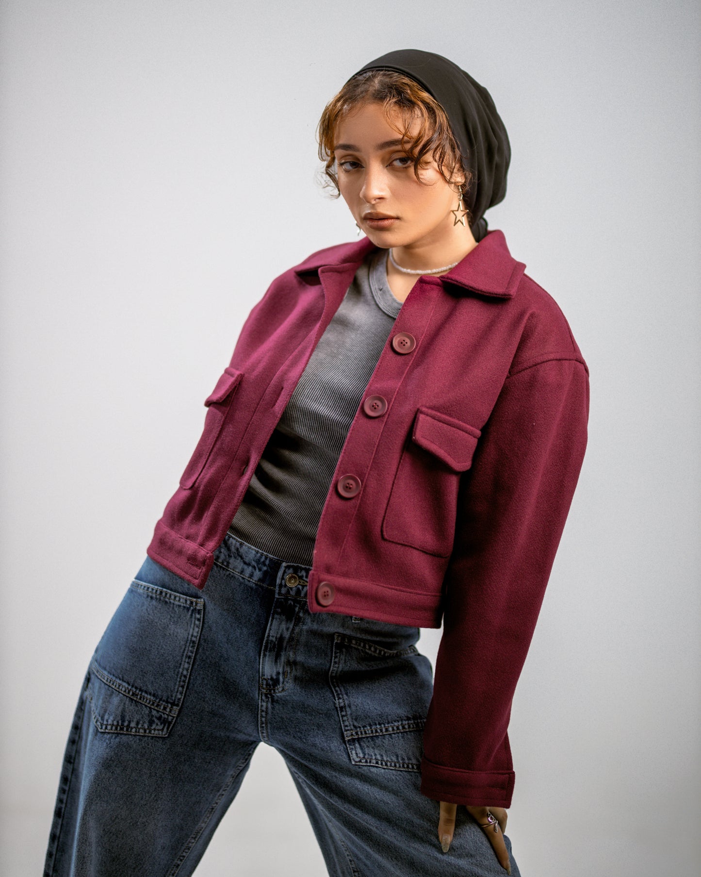 Cropped Wool Jacket – Burgundy