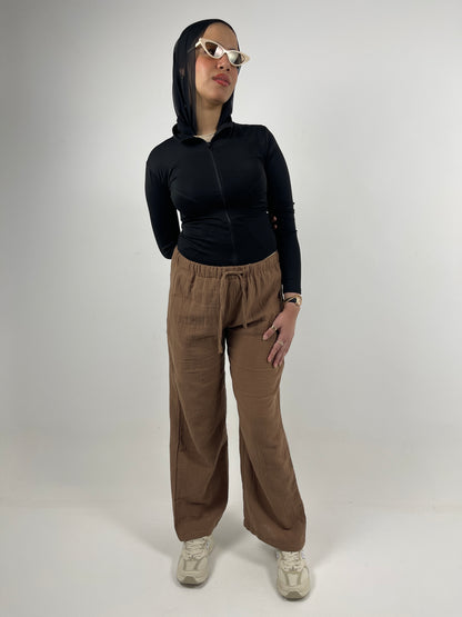 WIDE LEG LINEN PANTS ( BROWN )