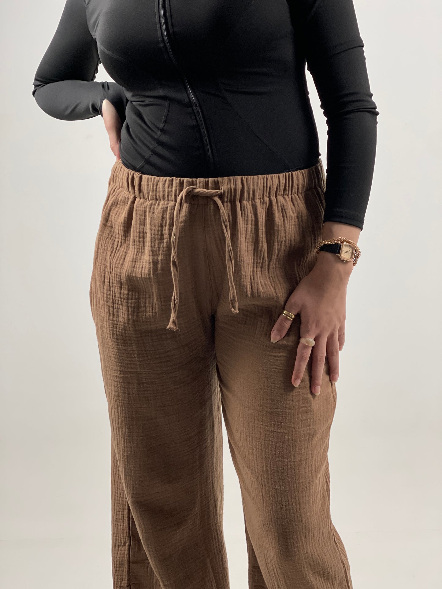 WIDE LEG LINEN PANTS ( BROWN )